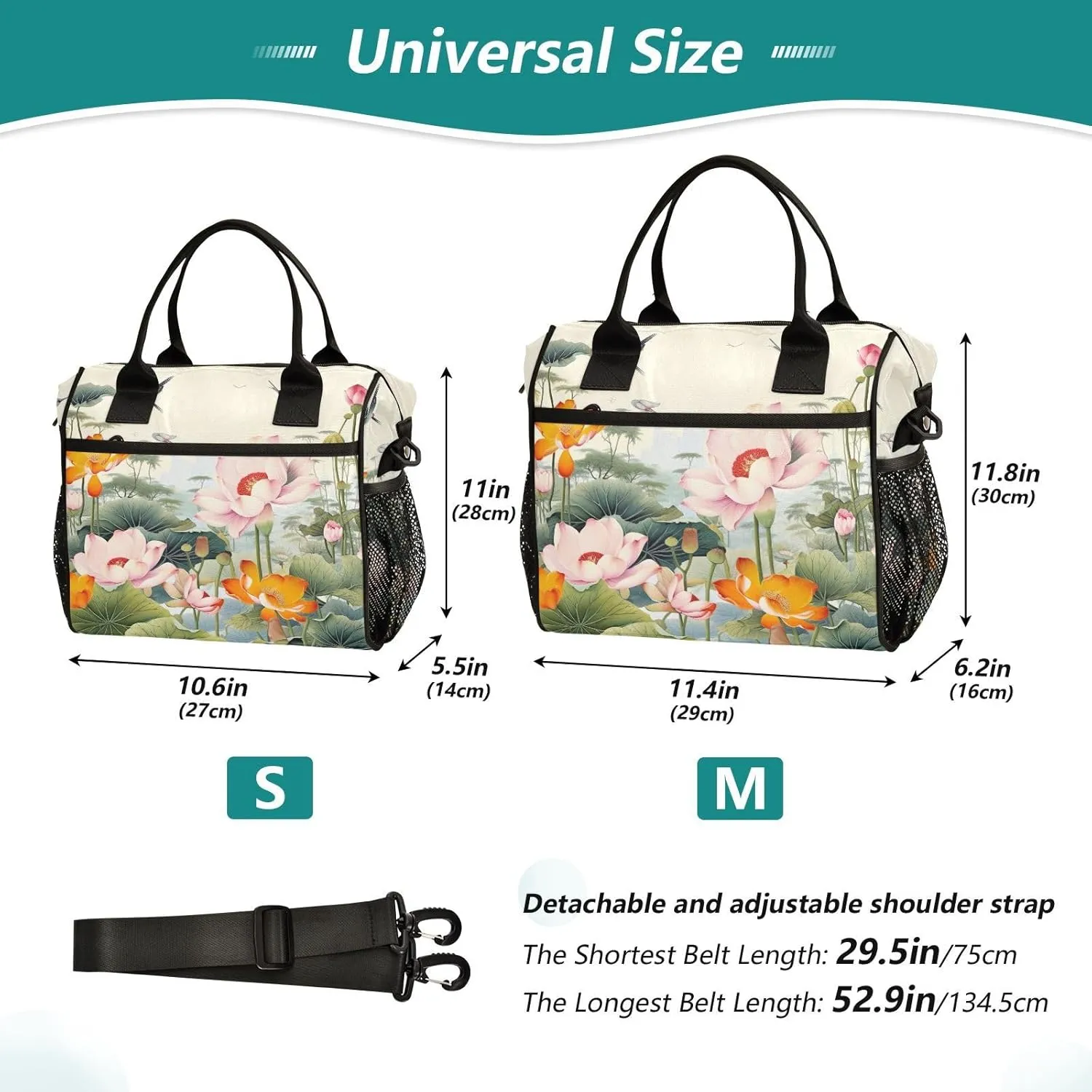Lotus Pond Flowers Lunch Bag Reusable Insulated Lunch Box Cooler Tote Removable Shoulder Strap Meal Picnic Bags for Outdoor Travel Office Work Medium