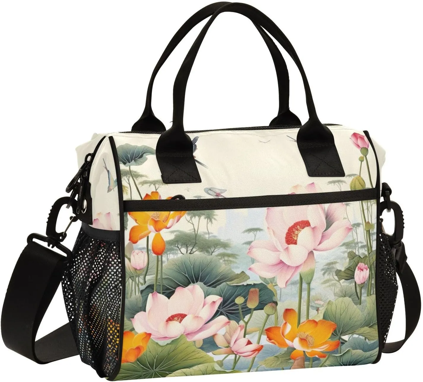 Lotus Pond Flowers Lunch Bag Reusable Insulated Lunch Box Cooler Tote Removable Shoulder Strap Meal Picnic Bags for Outdoor Travel Office Work Medium