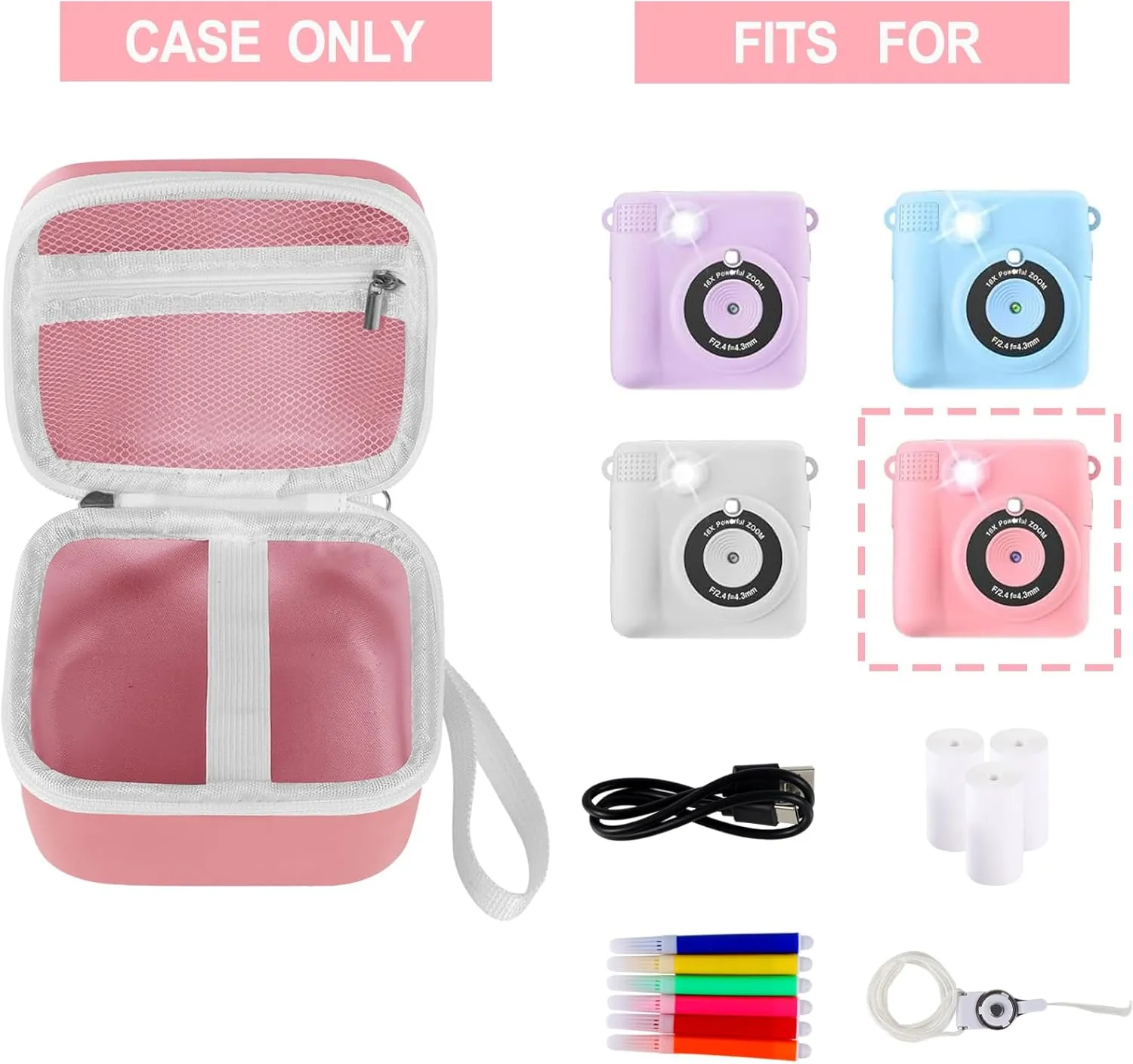 Lumus&Solem Pink Kids Camera Case for Instant Cameras - Storage Bag Compatible with Digital Video Cameras for Girls and ToddlersCase Only