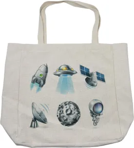 Lunarable Outer Space Shopping Bag, Digital Futuristic Astronomy with Space Meteor Radar Signals Satellite Print, Eco-Friendly Reusable Bag for Groceries Beach and More, 15.5" X 14.5", Cream