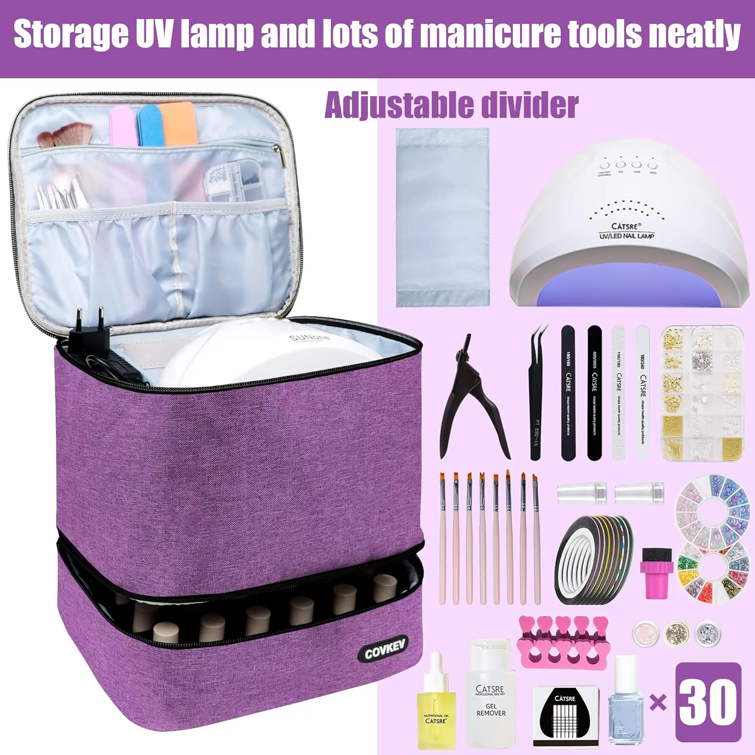 Nail Polish Organizer Bag Holds 30 Bottles (15ml-0.5 fl.oz)& Nail Lamp, Double Layer Nail Kit Storage Carrying Case, Portable Travel Nail Supplies Organizer Bag with Handle (Graceful Purple)
