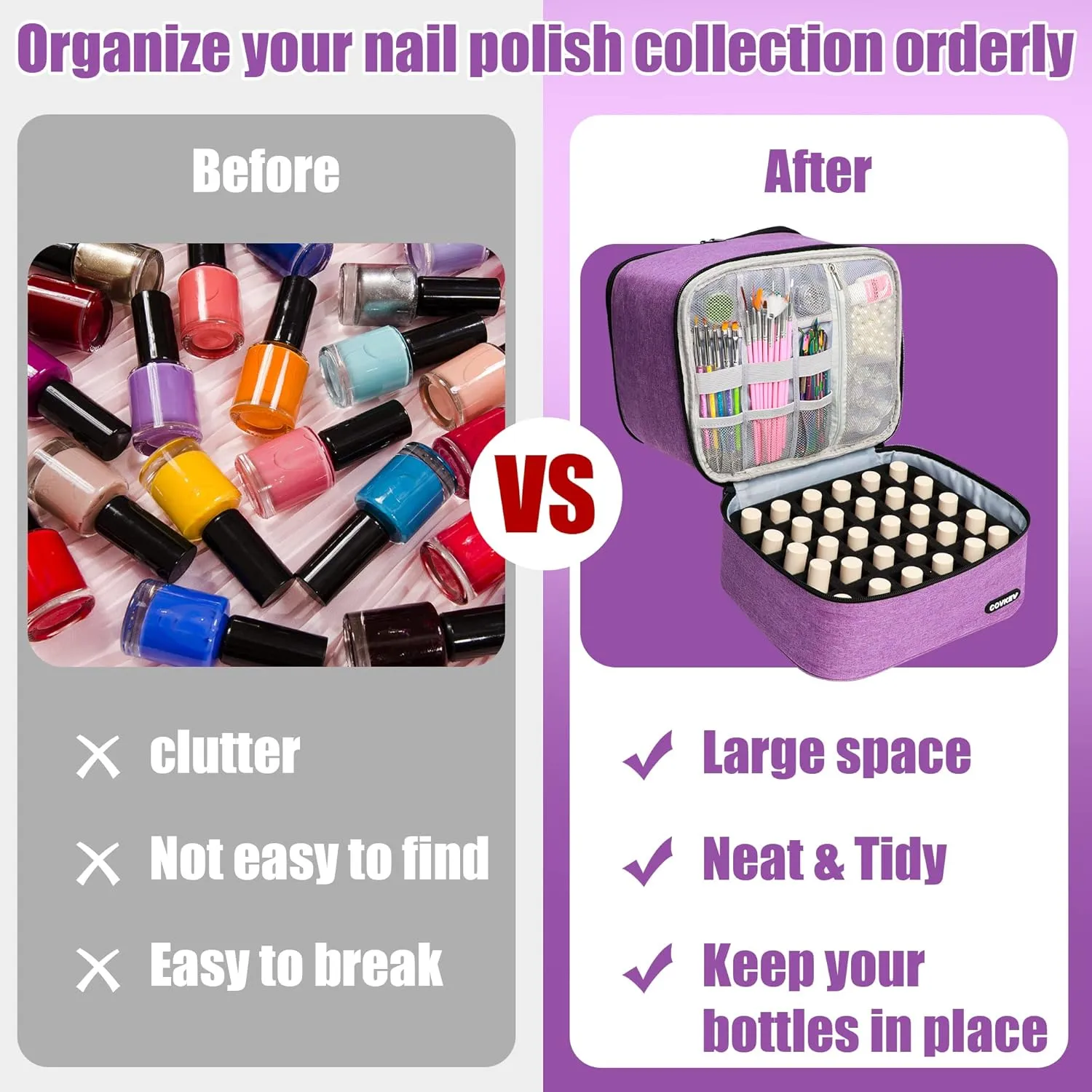 Nail Polish Organizer Bag Holds 30 Bottles (15ml-0.5 fl.oz)& Nail Lamp, Double Layer Nail Kit Storage Carrying Case, Portable Travel Nail Supplies Organizer Bag with Handle (Graceful Purple)
