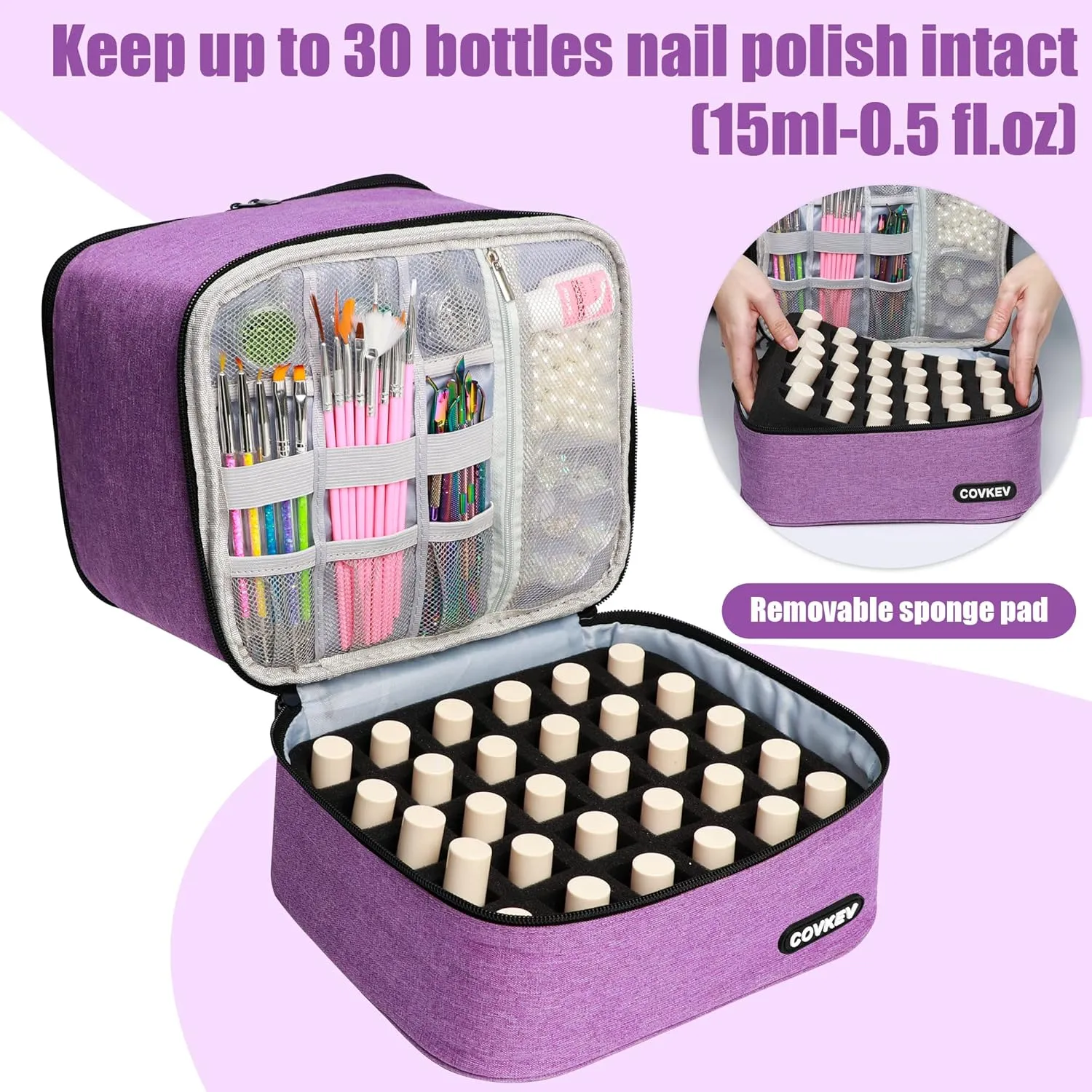 Nail Polish Organizer Bag Holds 30 Bottles (15ml-0.5 fl.oz)& Nail Lamp, Double Layer Nail Kit Storage Carrying Case, Portable Travel Nail Supplies Organizer Bag with Handle (Graceful Purple)