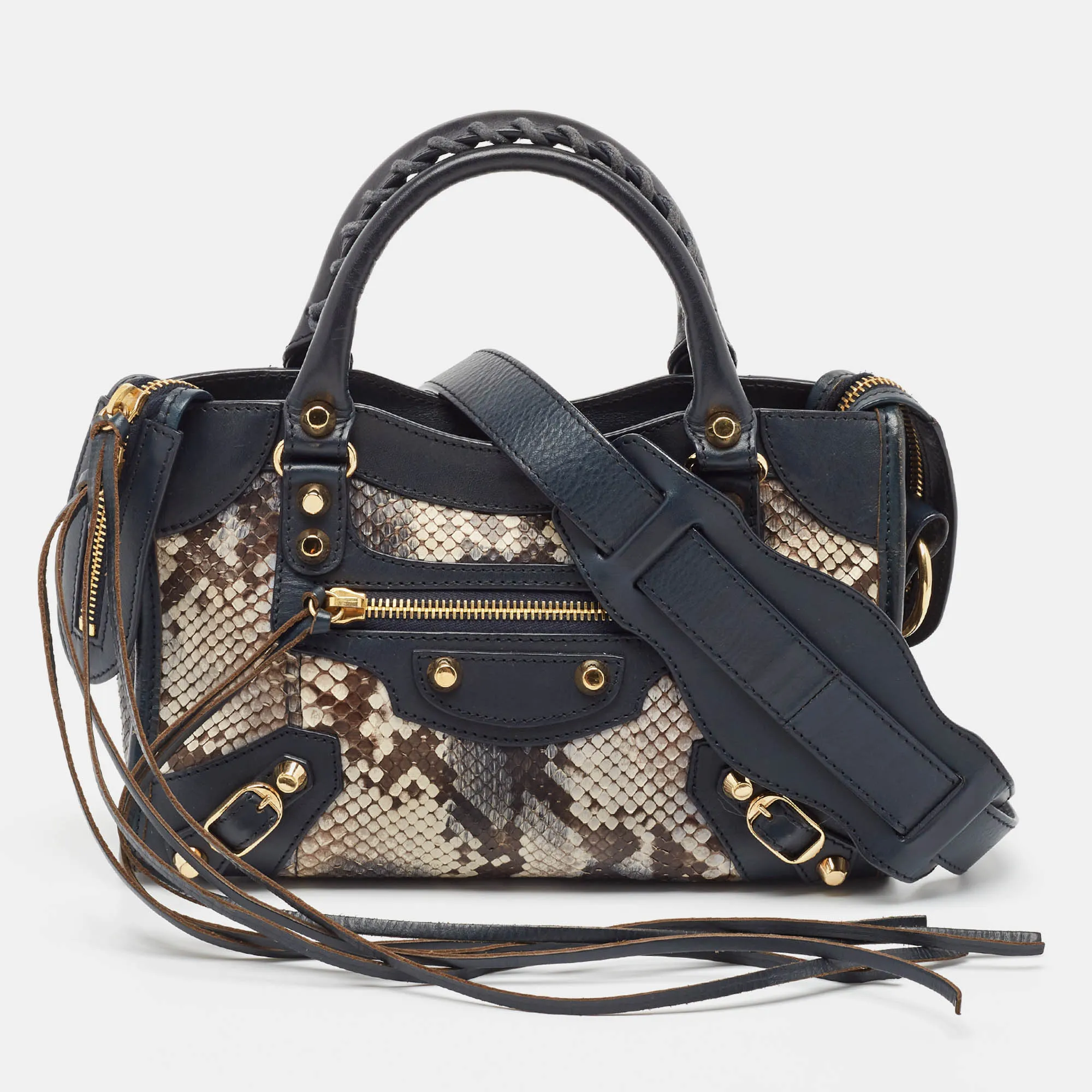 Navy Blue Python and Leather Mini Metallic Edge Classic City Bag