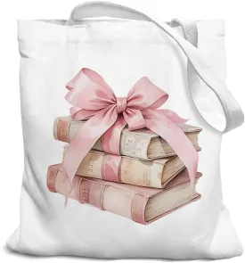 Pink Bow Book Canvas Tote Bag for Women, Library Book Bag, Book Tote Bag for Book Lovers, Book Lovers Gifts, Teacher Gifts, Book Club Gifts, Grocery Bags Reusable Shopping Bags