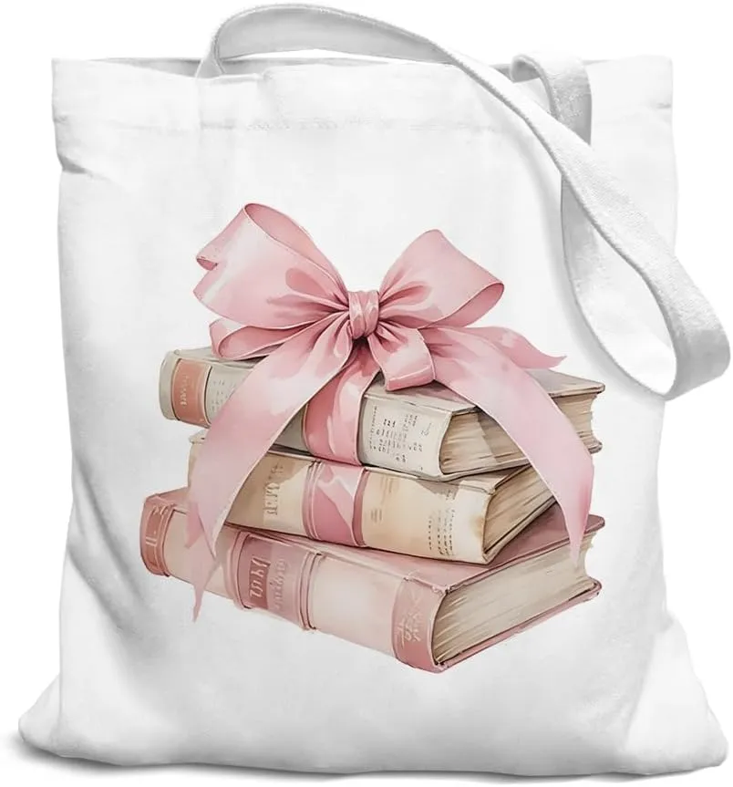 Pink Bow Book Canvas Tote Bag for Women, Library Book Bag, Book Tote Bag for Book Lovers, Book Lovers Gifts, Teacher Gifts, Book Club Gifts, Grocery Bags Reusable Shopping Bags