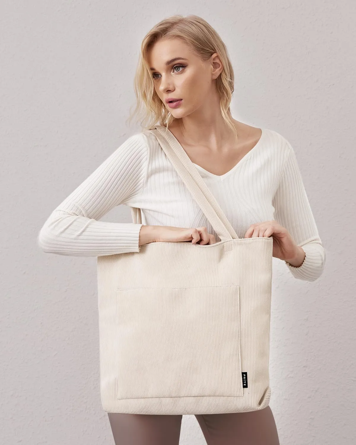 Prite Corduroy Tote Bag for Women Large Shoulder Bag with Zipper and Pockets for College Work Travel Shopping