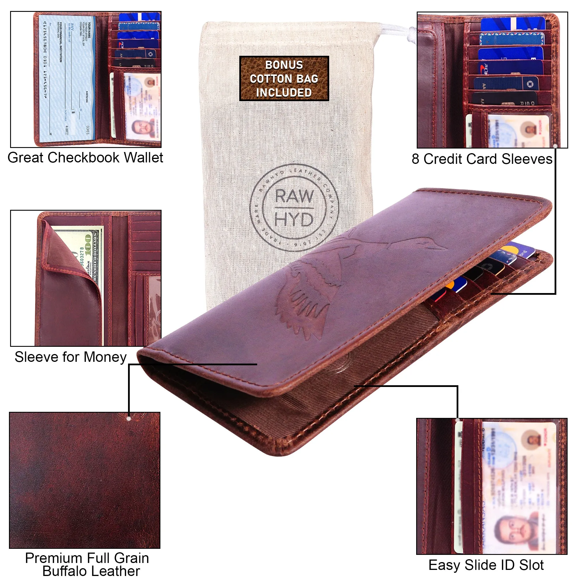RAWHYD - Long Wallet for Men Duck Leather - 6.75" tall, 3.5" wide