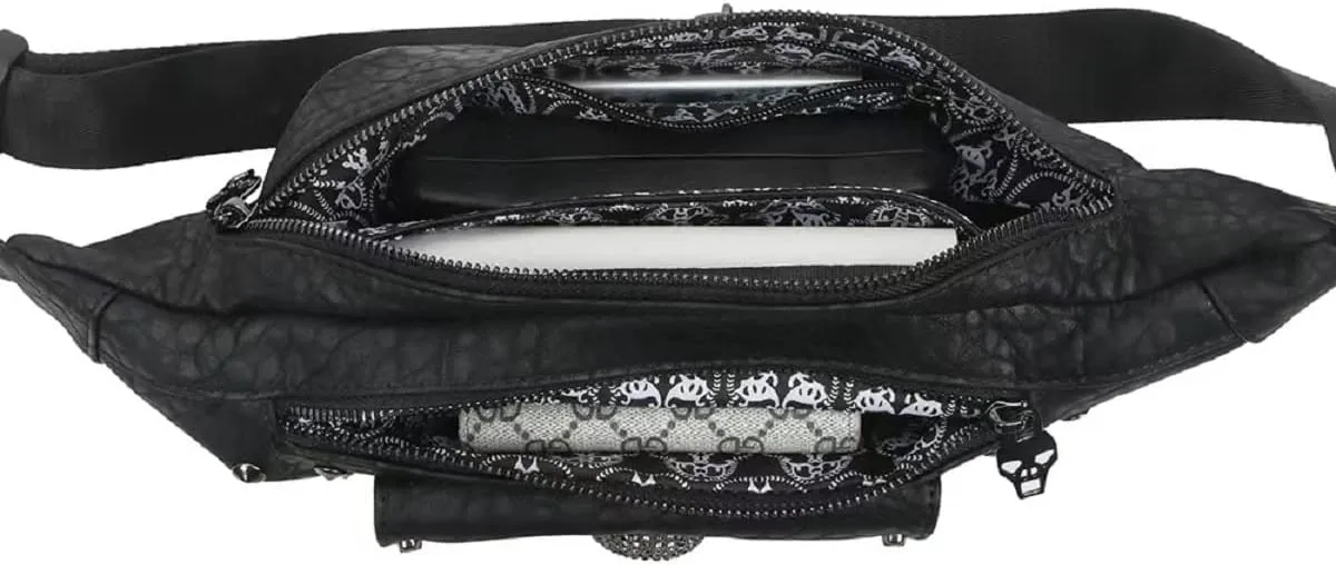 Skull Fanny Packs Fashionable PU Leather Bumbag Women and Men Belt Bag Black Waist Pack with Adjustable Belt for Rave,Festival,Travel,Party