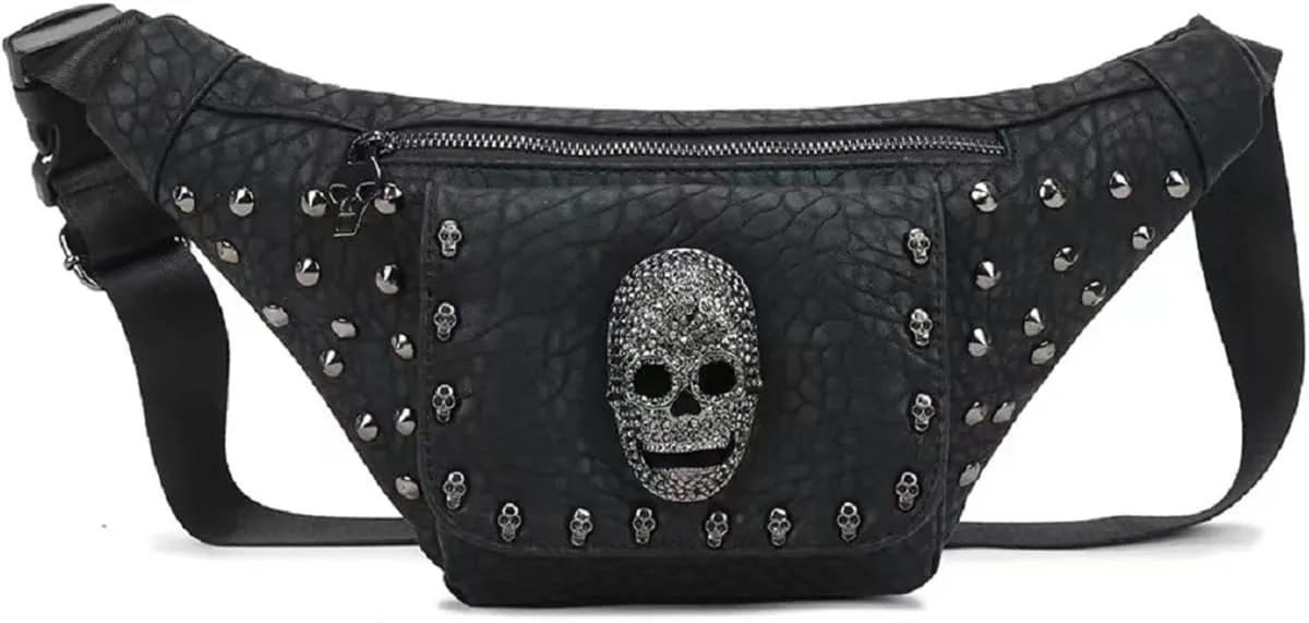 Skull Fanny Packs Fashionable PU Leather Bumbag Women and Men Belt Bag Black Waist Pack with Adjustable Belt for Rave,Festival,Travel,Party