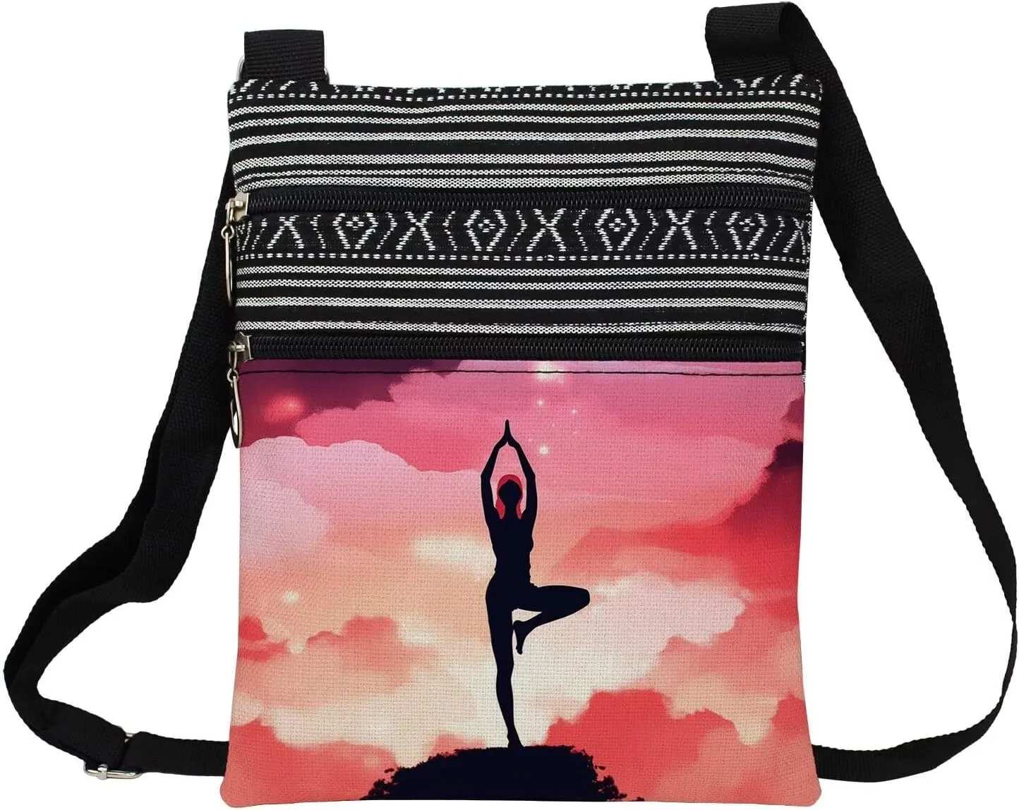 Sunset Yoga Messenger Bag Small Ethnic Pattern Printed Adjustable Strap Crossbody Zipper Bag Phone Bag Wallet Cute Shoulder Handbag for Yoga Lovers Coach Women
