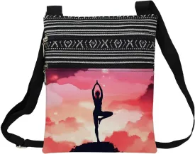 Sunset Yoga Messenger Bag Small Ethnic Pattern Printed Adjustable Strap Crossbody Zipper Bag Phone Bag Wallet Cute Shoulder Handbag for Yoga Lovers Coach Women
