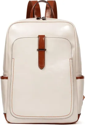 Telena Vegan Leather Laptop Backpack for Women 15.6 inch Computer College Travel Daypack Bag Beige