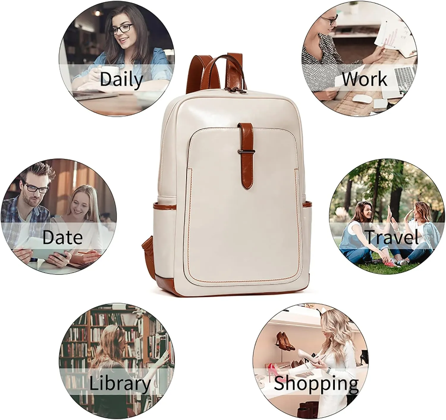 Telena Vegan Leather Laptop Backpack for Women 15.6 inch Computer College Travel Daypack Bag Beige