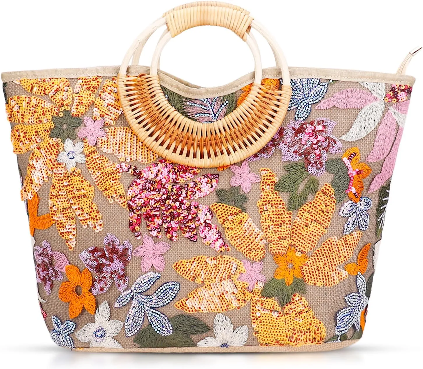 Tote Bag for Women, Beach Bag, Sequin Embroidery Straw Bag, Hand-Woven Rounded Bamboo Handle, Bohemian Handbag Large Capacity Shoulder Bag Suitable for Travel Daily(Orange)