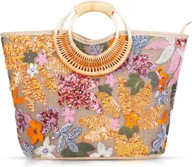 Tote Bag for Women, Beach Bag, Sequin Embroidery Straw Bag, Hand-Woven Rounded Bamboo Handle, Bohemian Handbag Large Capacity Shoulder Bag Suitable for Travel Daily(Orange)