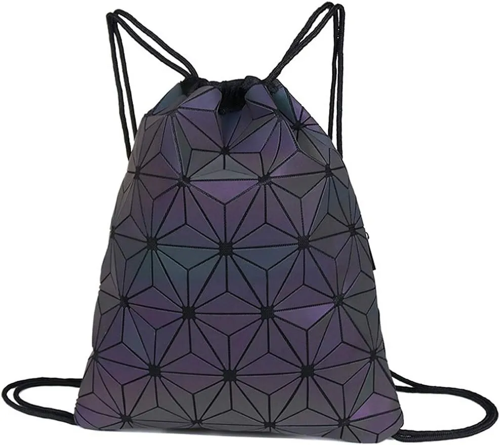 Van Caro Unisex PU Leather Holographic Geometric Drawstring Backpack Gym Travel String Bag, Black One_Size