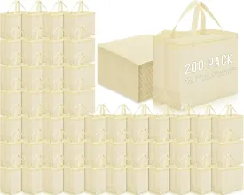 Windyun 200 Pcs Reusable Grocery Bags Large Non Woven Shopping Bags Foldable Portable Tote Carryall Bulk(Beige)