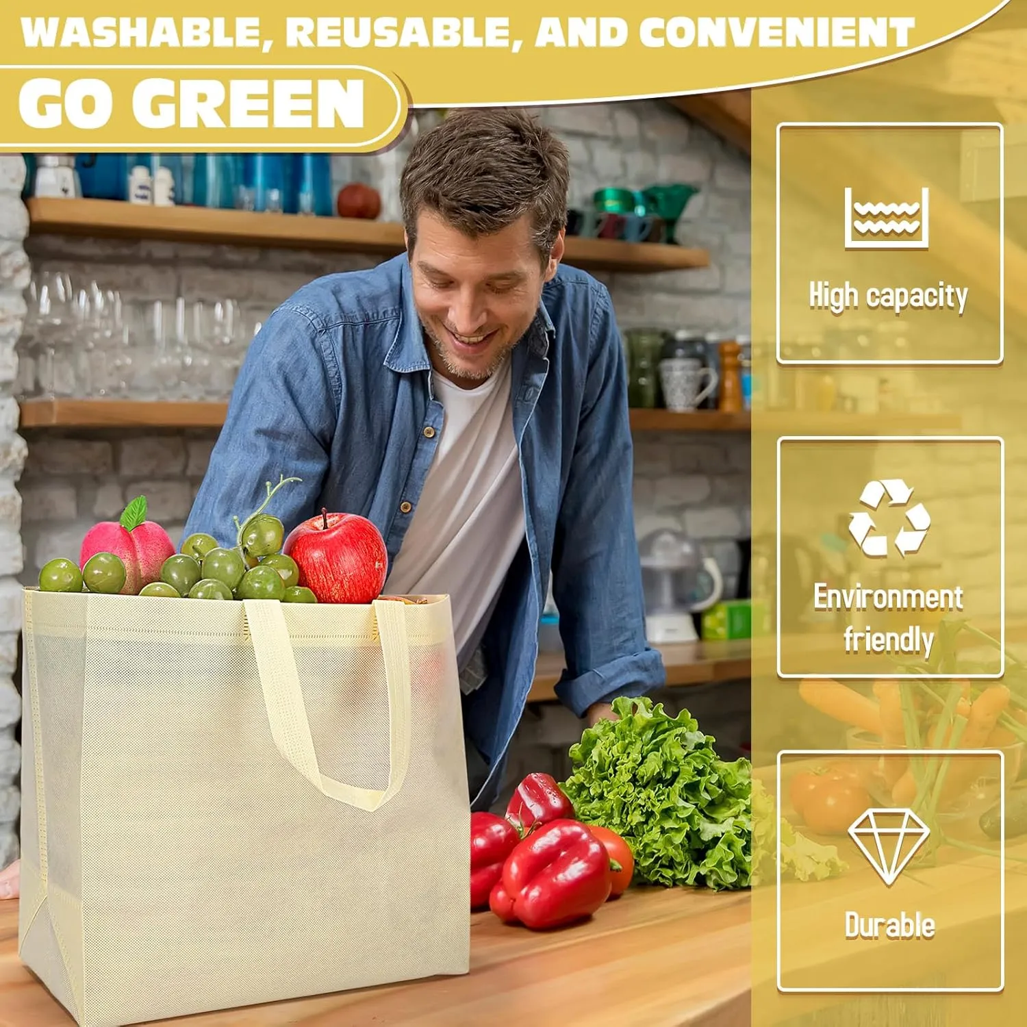 Windyun 200 Pcs Reusable Grocery Bags Large Non Woven Shopping Bags Foldable Portable Tote Carryall Bulk(Beige)
