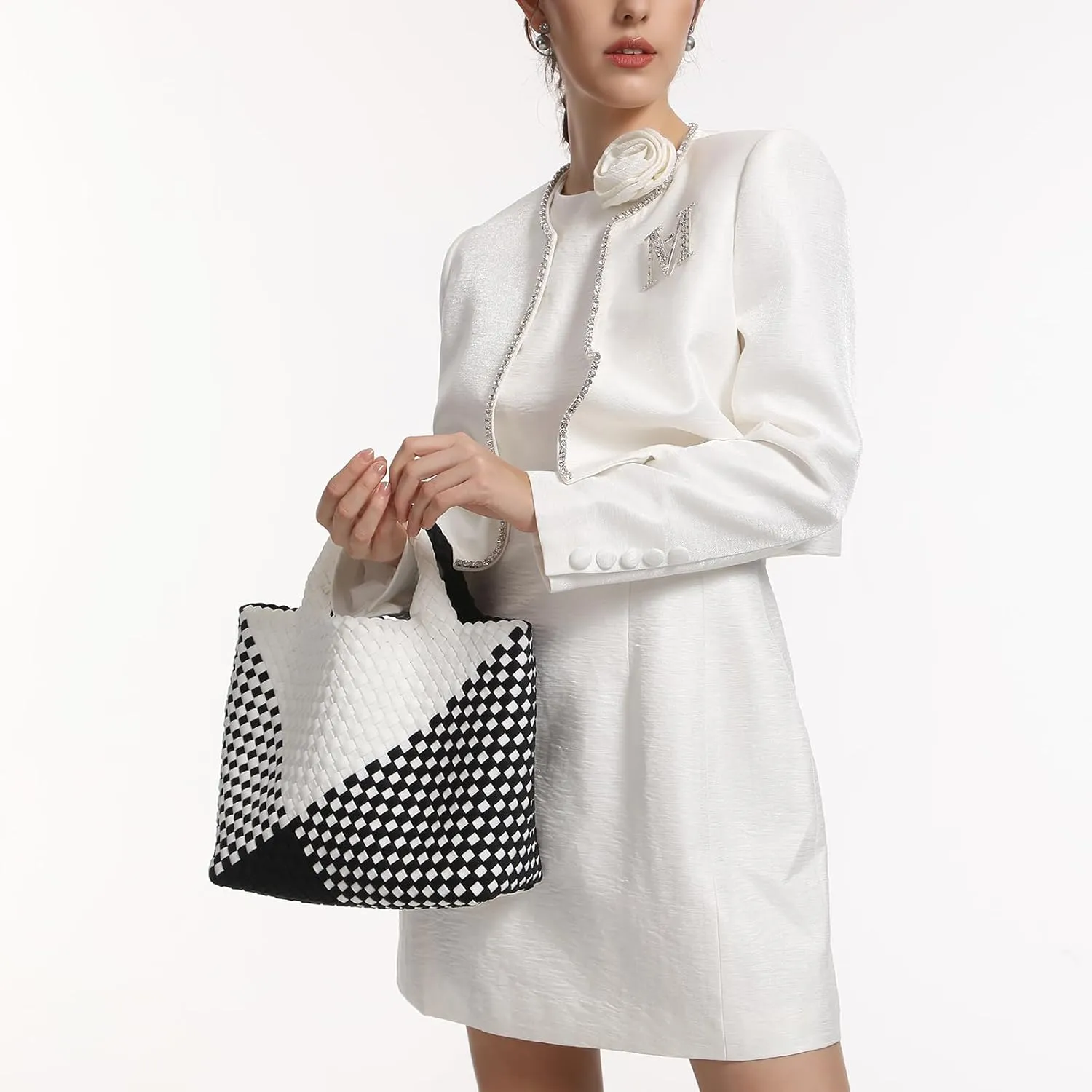 Woven Bag for Women Neoprene Tote Bag Summer Beach Travel Handbag and Purse Lightweight Foldable Retro Handmade Shoulder Bag