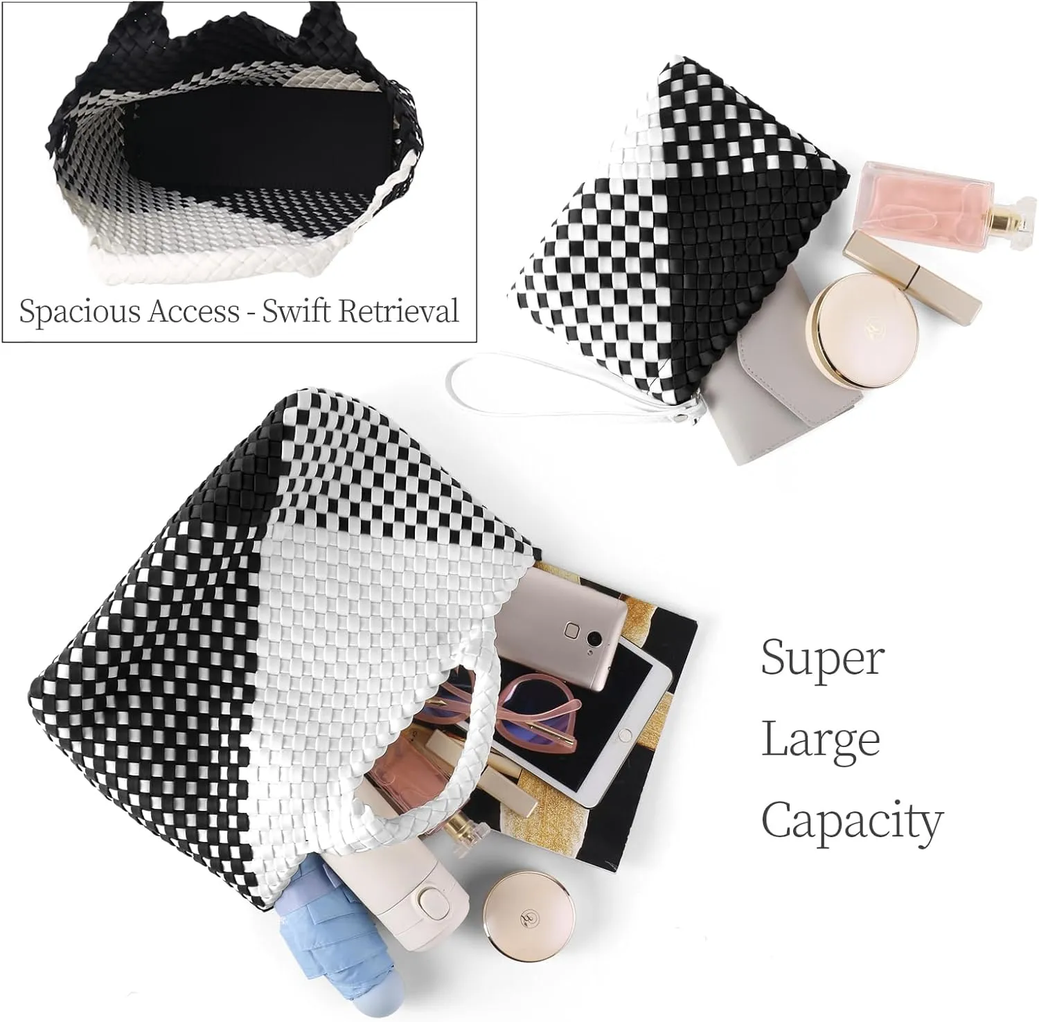 Woven Bag for Women Neoprene Tote Bag Summer Beach Travel Handbag and Purse Lightweight Foldable Retro Handmade Shoulder Bag